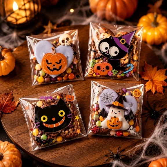 Lilixerw Halloween Treat Bag 4‑in‑1 Assorted Pattern, Themed Decoration For Snack Packing And Party Venue Scene Layout, 3.94x3.94 inch