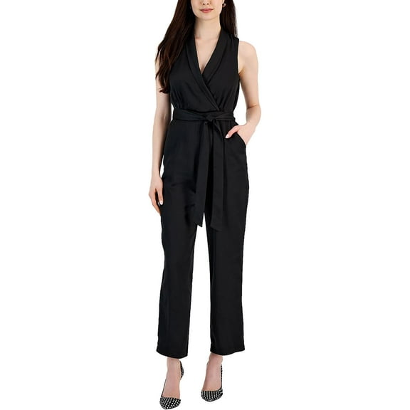 Taylor Womens V Neck Tie Waste Jumpsuit Scuba Black 10