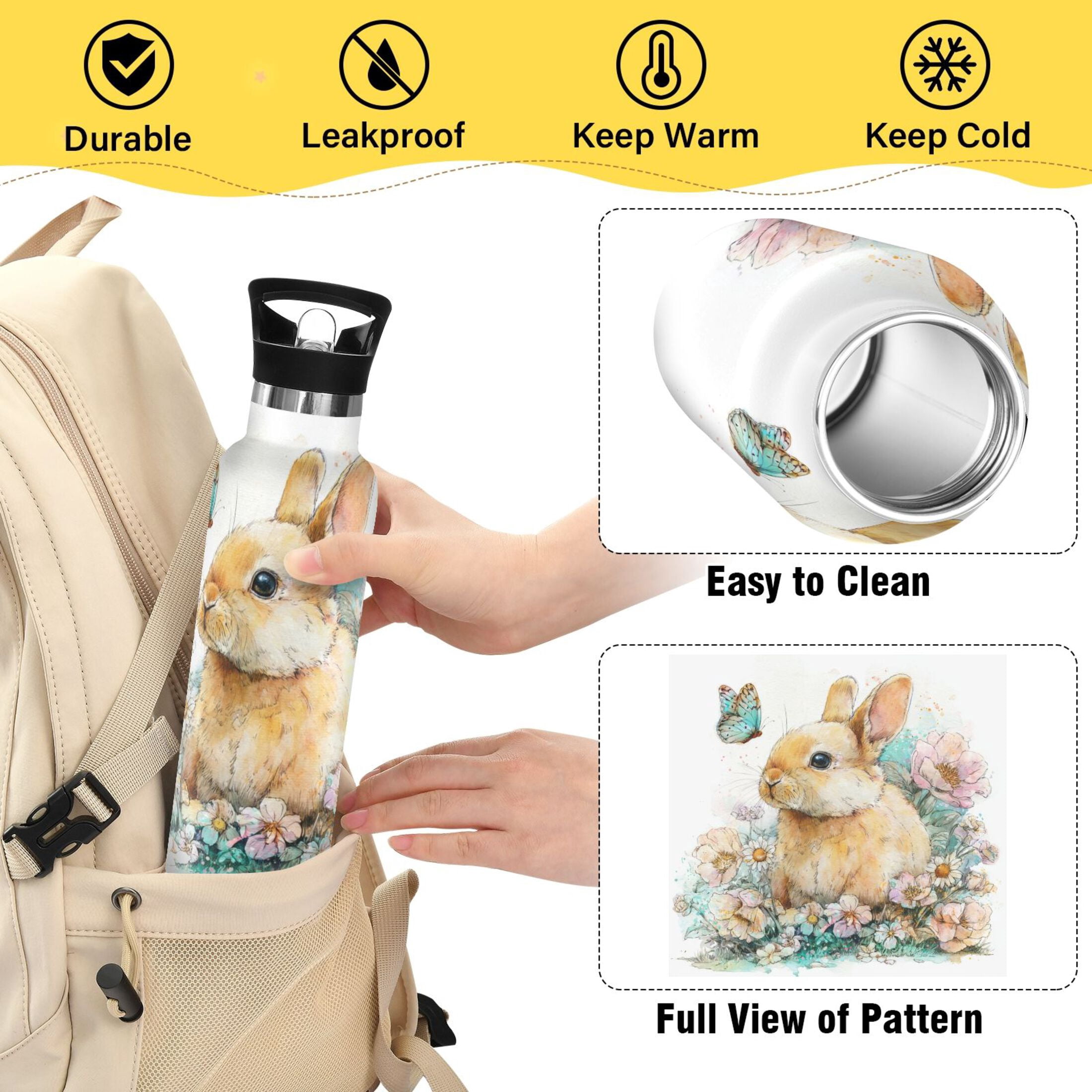 Kids Insulated Stainless Steel Sports Water Bottle 600ml (20oz) Watercolor Adorable Bunny