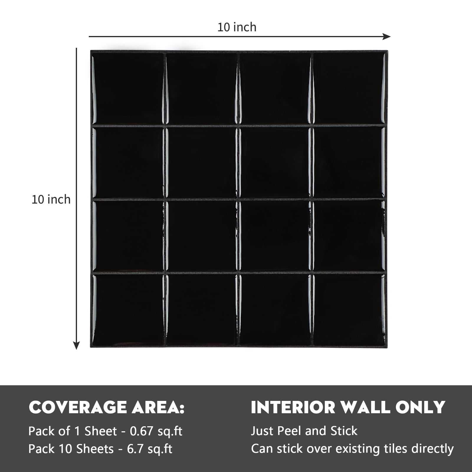 10-Sheet Black Peel and Stick Backsplash Square Tile, 10"x10" Self Adhesive Stick on Wall Tiles Sticker for Kitchen Bathroom Laundry