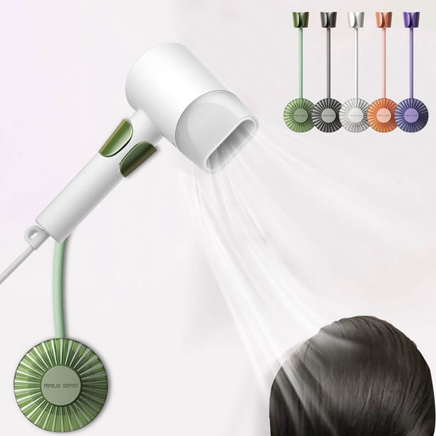 Soporte para secador de pelo montado en la pared - Sin instalación de taladro, ajustable en 360°, adhesivo fuerte, plástico y acero al carbono, portaobjetos para baño
