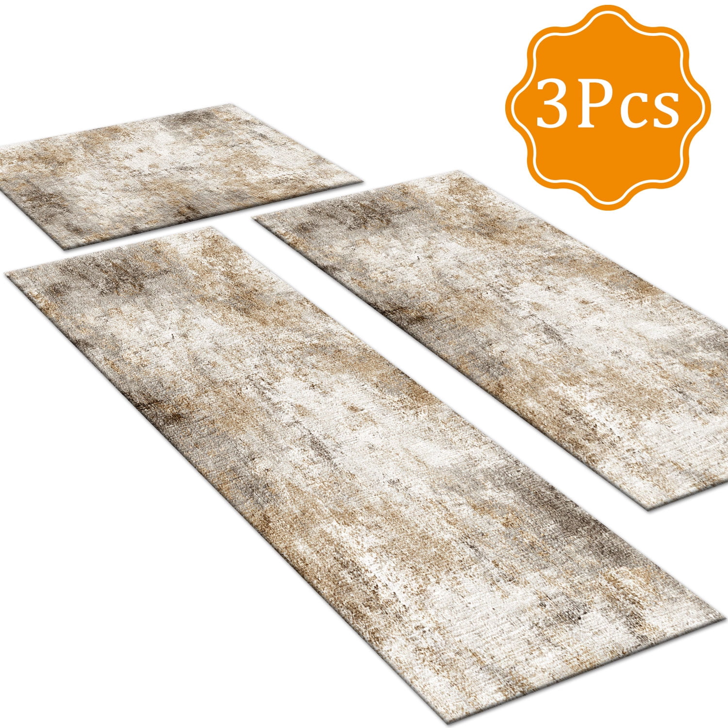 3-Piece Farmhouse Striped Kitchen Rug Set Anti-Slip Backing, Machine Washable Distressed Floor Mats for Kitchen Hallway Bathroom Laundry Room Christmas Decor