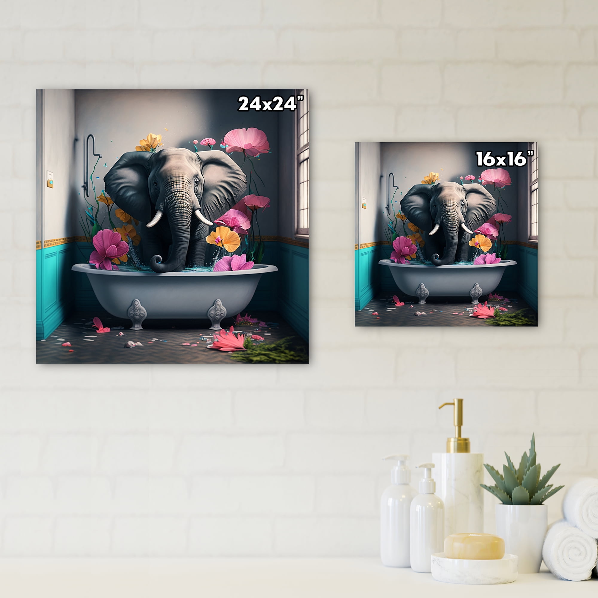 Designart Elephant In The Bath Canvas Wall Art