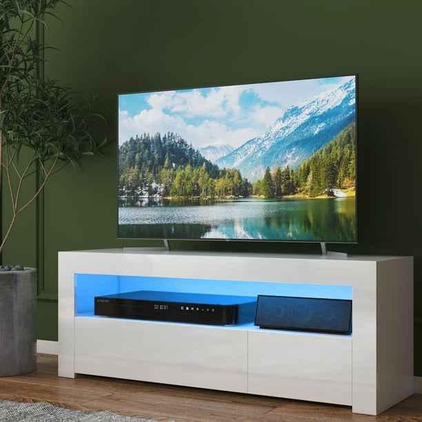 47 Tv Stand High Gloss Cabinet With 16 Color Leds 2 Drawers Modern Entertainment Center For Tvs Up To 55 Inch Com 47 Tv Stand High Gloss Cabinet, Modern Under Tv Cabinets