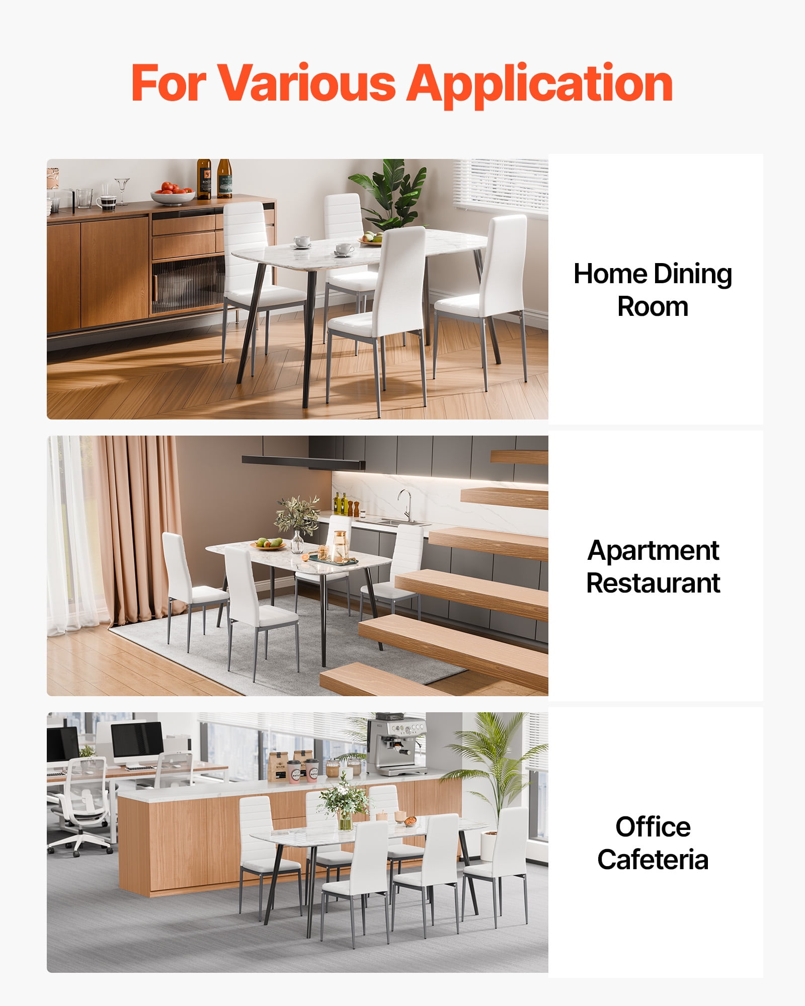 VEVOR Modern Dining Room Accent Chairs Set of 6, Upholstered Leather Side Chair for Dining Tables, Space-Saving Kitchen Table Chair with Thick Cushions and Metal Legs, White