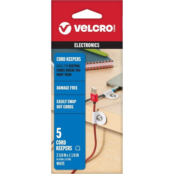 VELCRO Brand Cord Keepers | Soft Nylon Cable Clips Organize Wires in Home, Office, Desk or Nightstand | Removable Adhesive Back Holds Secure, Removes Clean | 5pk, White