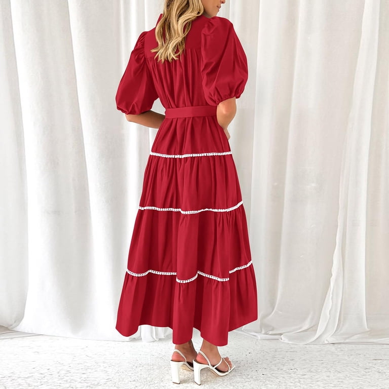 Riforla Women's Summer Button Down Shirt Dress Short Puffy Sleeve Tiered  Ruffle Flowy Long Maxi Dresses Red L - Walmart.com