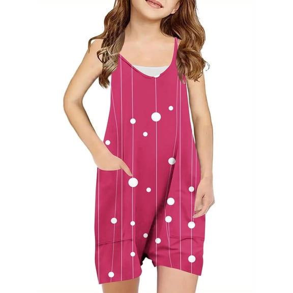 Odeerbi 5-13 Years Teen Girls Summer Shorts Jumpsuit Retro Print Camisole Romper Casual Breathable Comfortable Suspender Overalls Bib Overall Shorts