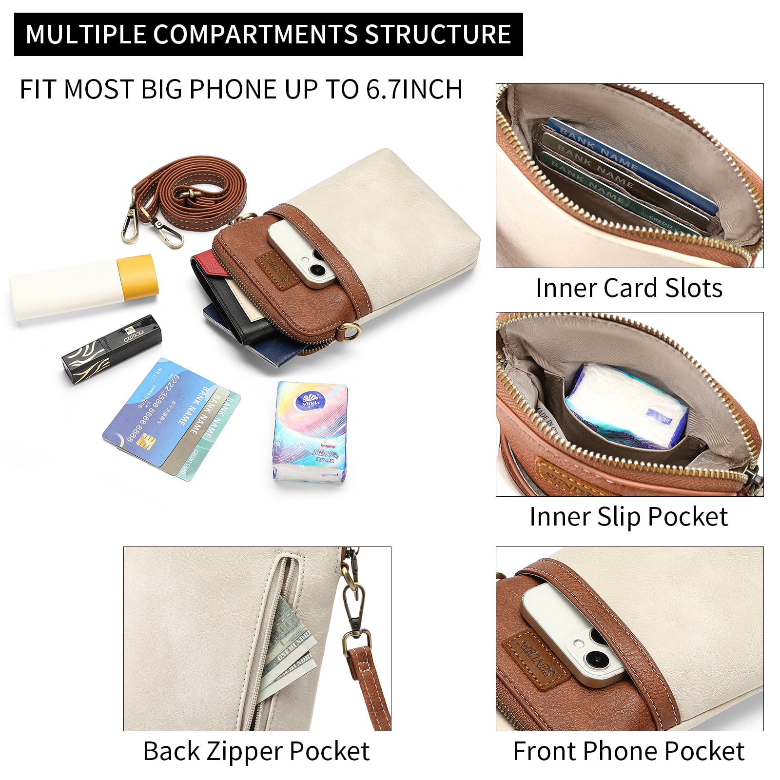 SENDEFN Vegan Leather Small Crossbody Bags for Women Designer Cell Phone Bag Purses Adjustable Strap