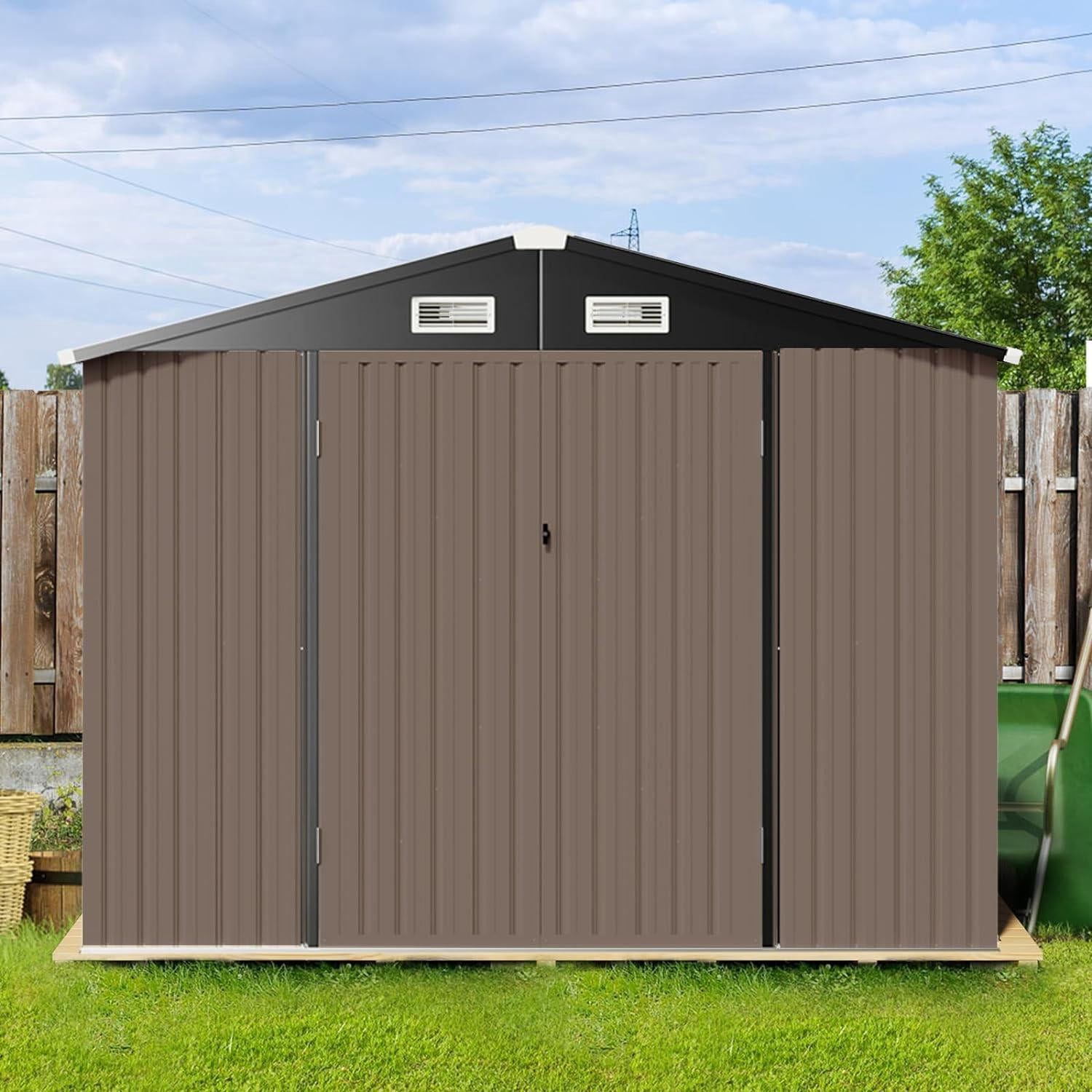 Outdoor Storage Shed, 8.5x5.6 FT, Metal Storage Shed with Door & Lock, Steel Utility Tool Shed with Base Frame for Backyard Garden Patio Lawn, Brown