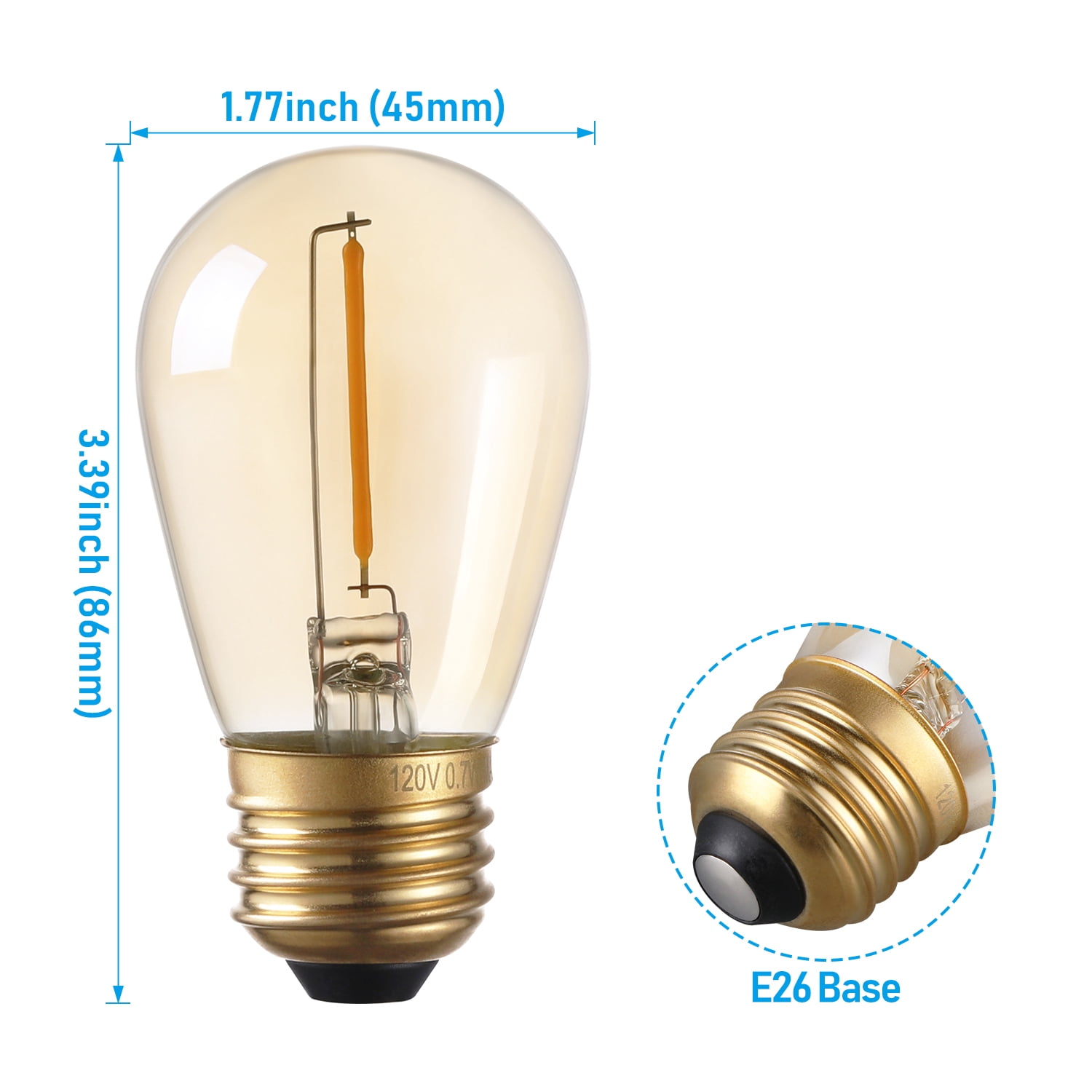 50 Pack S14 LED Bulb, Amber Warm Glass LED Replacement Bulbs, 2200K Amber String Lights, 0.7W E26 Base LED Light Bulbs, Non-Dimmable LED Filament Bulb