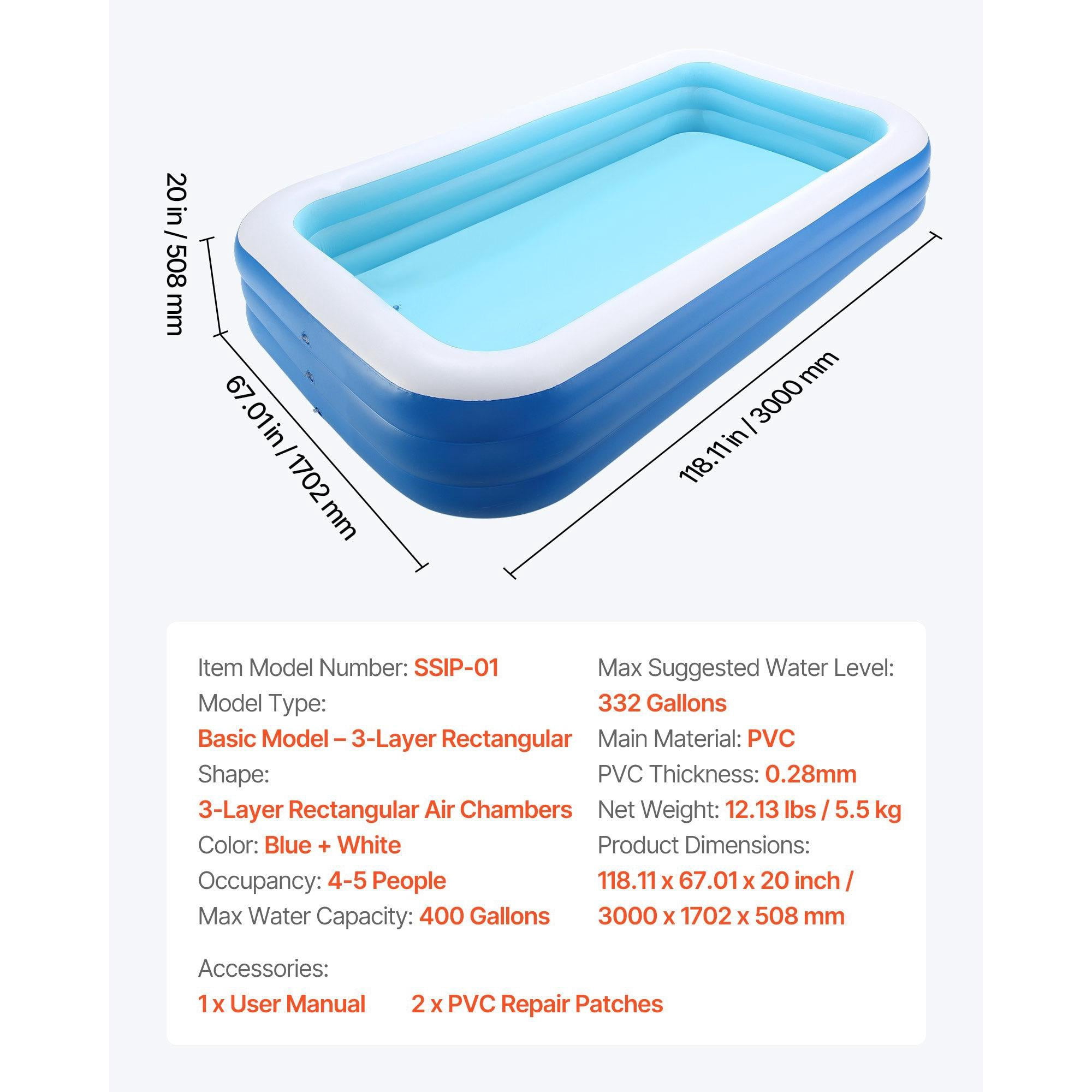 118 x 67 x 20 Inch Large Inflatable Swimming Pool, 3-Layer Rectangular Blow Up Pool for 4-5 People, Family Pool for Kids Adults Indoor Outdoor Summer Water Party, Blue White