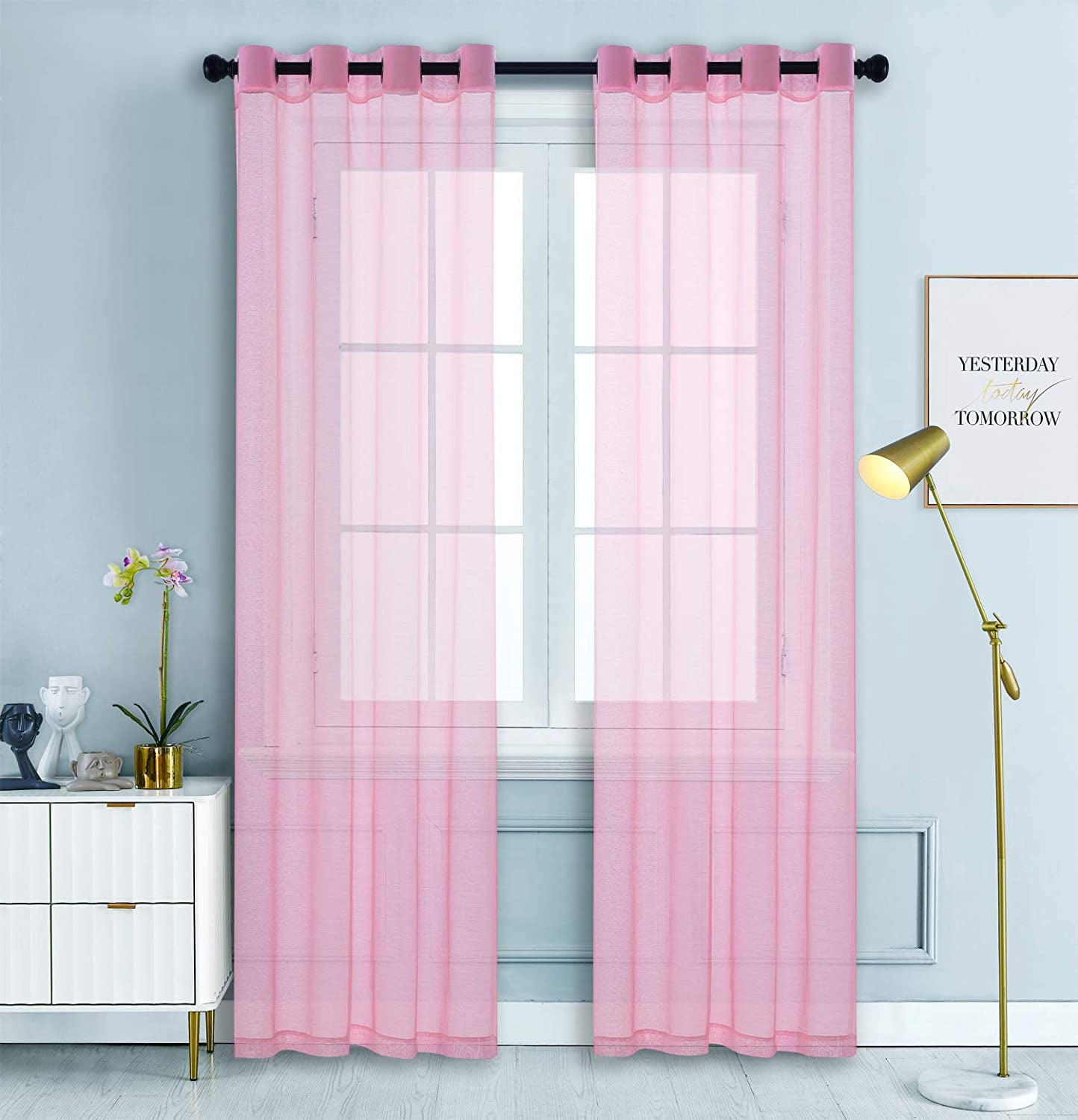 CHIC 1PC SEMI-SHEER 2 MIX COLOR GROMMET TOP WINDOW CURTAIN PANEL HOT PINK WHITE 