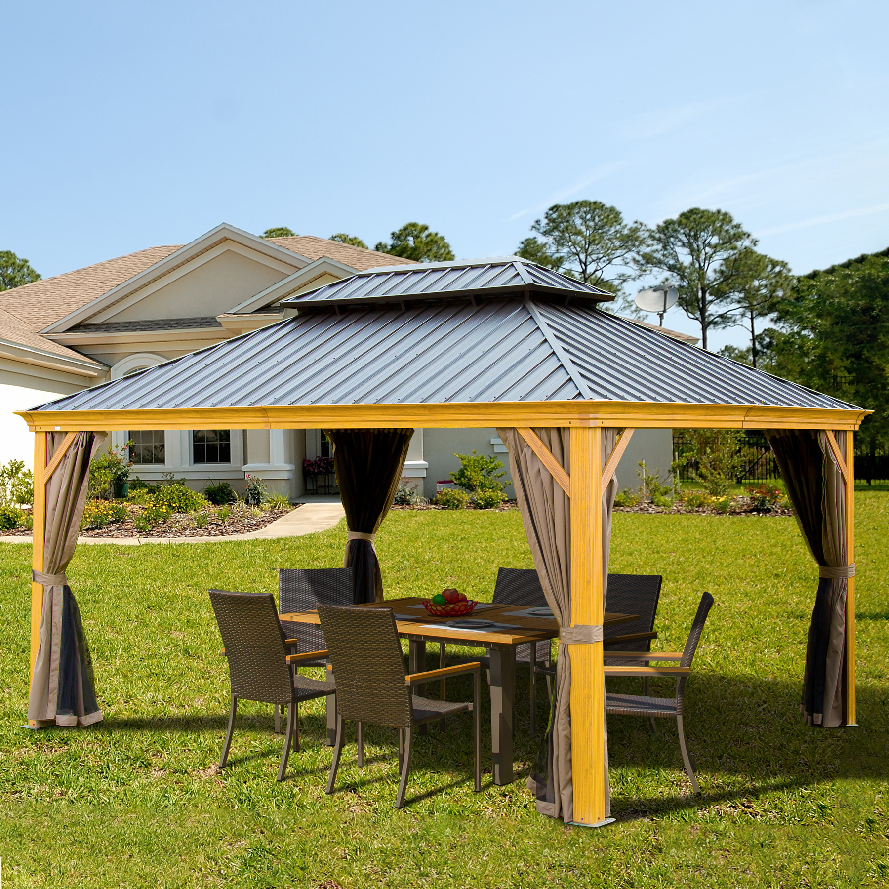 Mydepot Domi Hardtop Gazebo Outdoor Aluminum Roof, Mosquito Netting