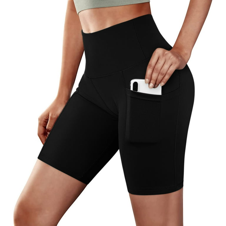 Women's Leggings Shorts w/Pockets Athletic Running Exercise Sport Gym Black  M Medium Biker Tights 15 L Ladies Outseam Cotton Clothing Bottoms