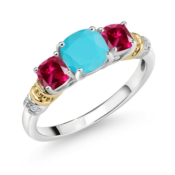Gem Stone King 925 Silver and 10K Yellow Gold Green Turquoise and Red Created Ruby and Diamond 3-Stone Ring for Women (1.66 Cttw, Gemstone Birthstone, Cushion 6MM and 4MM, Size 7)