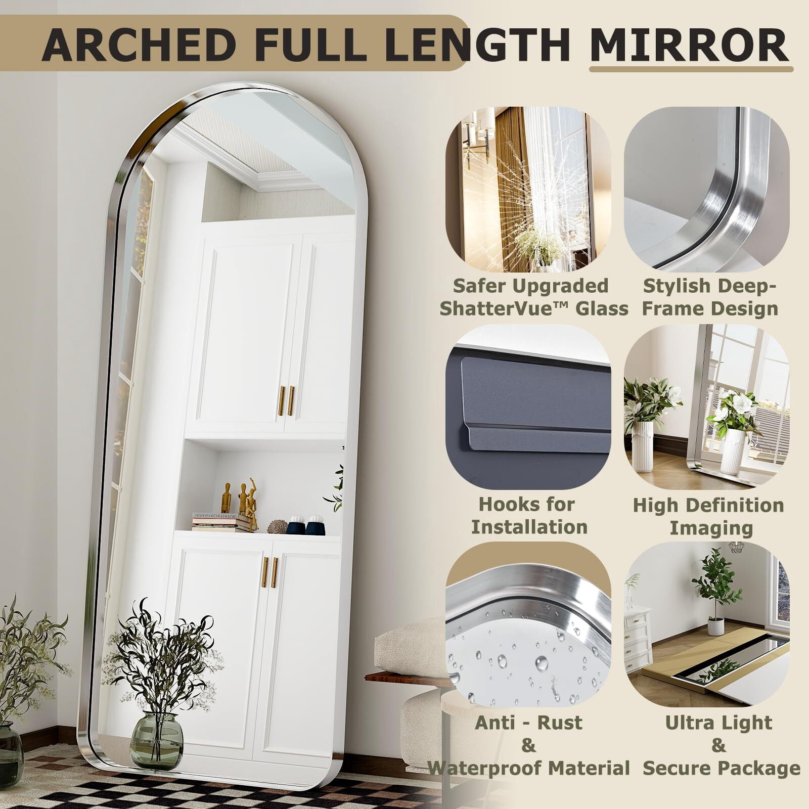 AnyRose Extra Large 71"x30" Arched Full-Length Mirror - Wall-Mounted or Leaning Mirror with Aluminum Alloy Frame,Silver