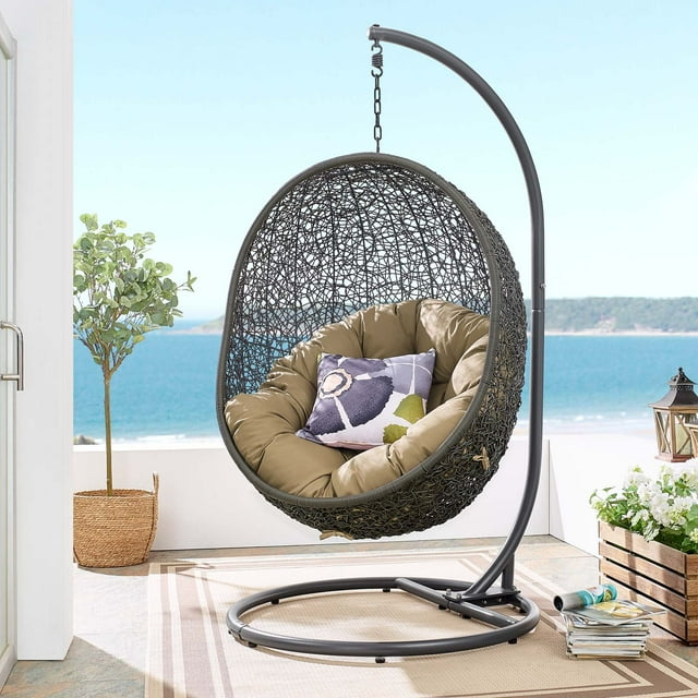 Modway Hide Outdoor Patio Swing Chair With Stand in Gray Mocha