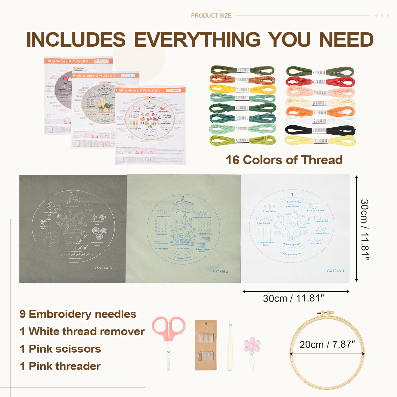 3 Pack Embroidery Kit for Beginners, Cross Stitch Kits with Stamped Practice Flowers Patterns with 20cm Hoop & Colorful Threads for Adults DIY Sewing Supplies
