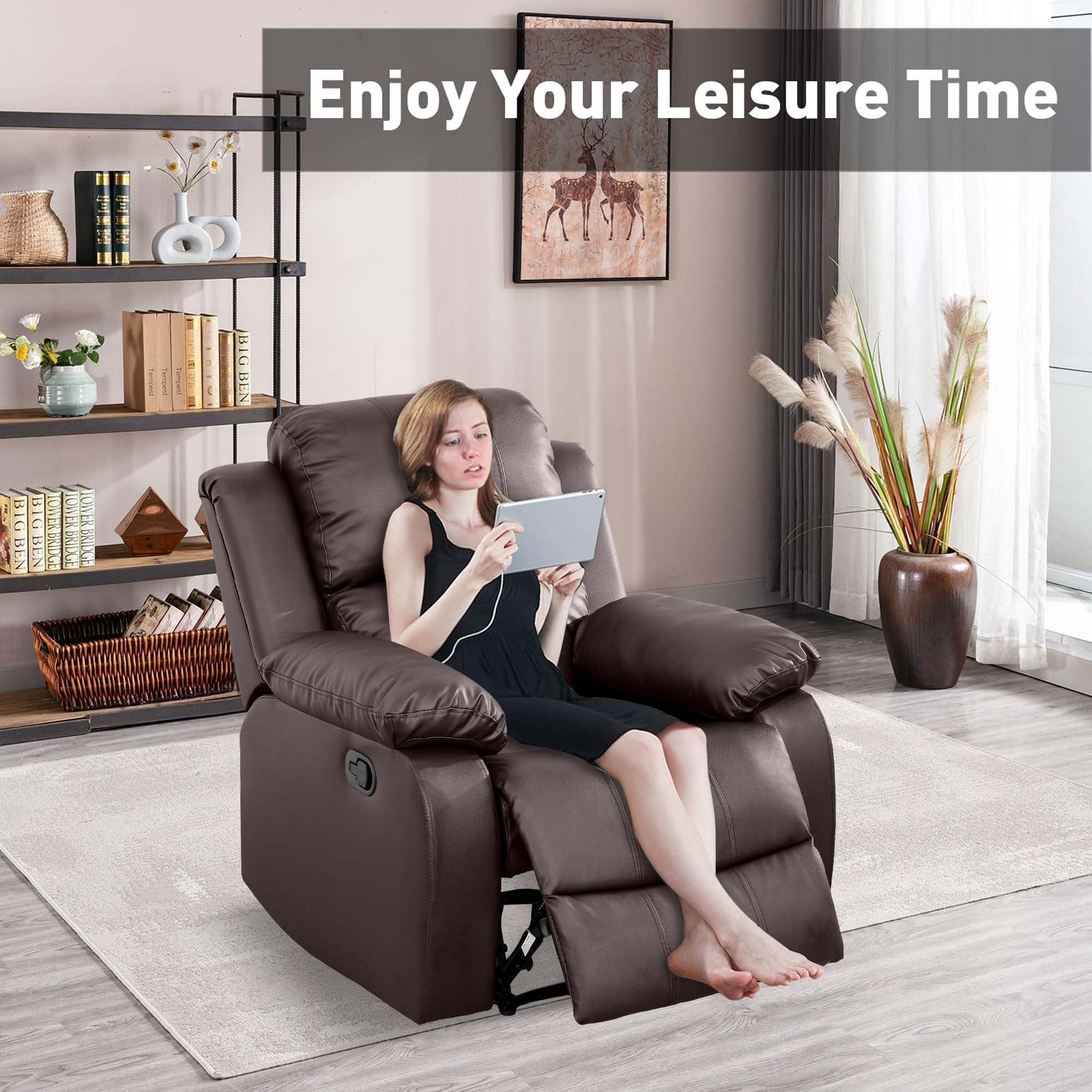 Aukfa Leather Recliner Chair Overstuffed Armchair Single Sofa w/ Lumbar Support for Living Room, Brown
