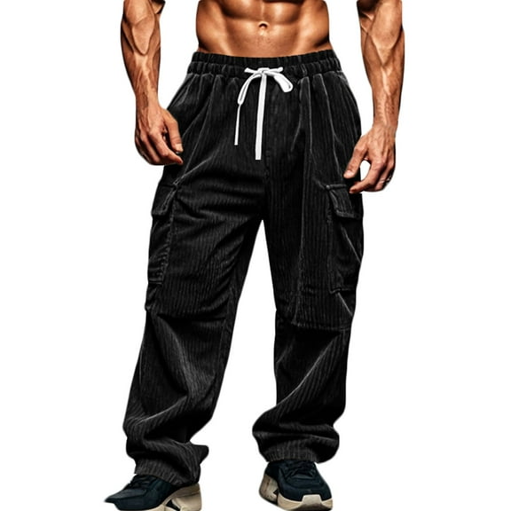 Bazeneo Corduroy Trousers Men with Pockets Elastic Waist Cargo Pants Straight Wide Leg Work Trouser Solid Colour Casual Bottoms Baggy Loose Fit Bottom Mens Lounge Wear Plus Size