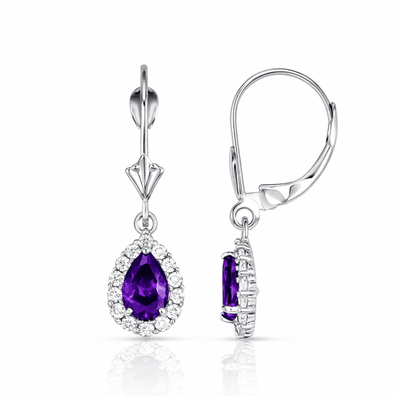 6X4MM Halo Amethyst Diamond Gemstone Dangle Leverback Earrings 14K White Gold