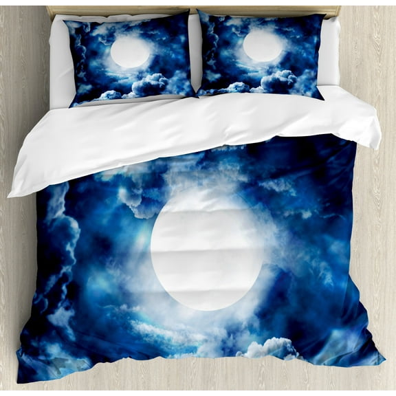 Space Duvet Cover Set, Moon on Sky Surrounded by Storm Clouds Lunar Magic Dark Twilight Dawn Foggy Hallows Image, Decorative Bedding Set with Pillow Shams, Blue, by Ambesonne