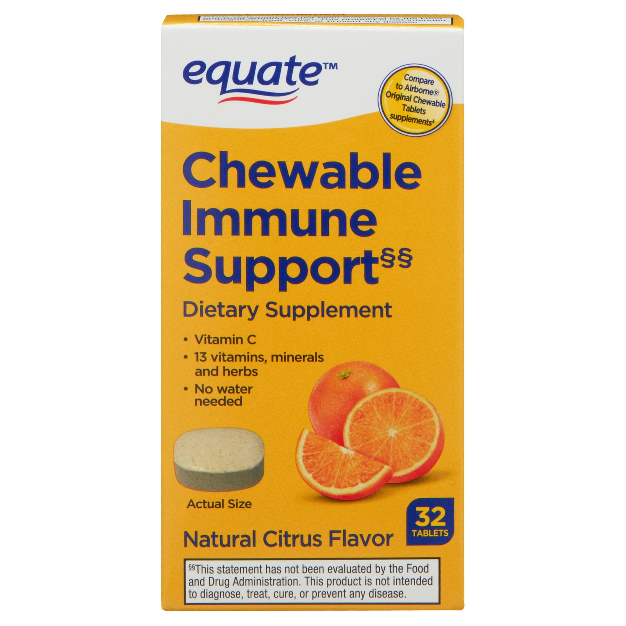 Equate Vitamin C Immune Support Dietary Supplement Chewable Tablets, Citrus Flavor, 32 Count, Compare to Airborne® Original Chewble Tablets Supplements