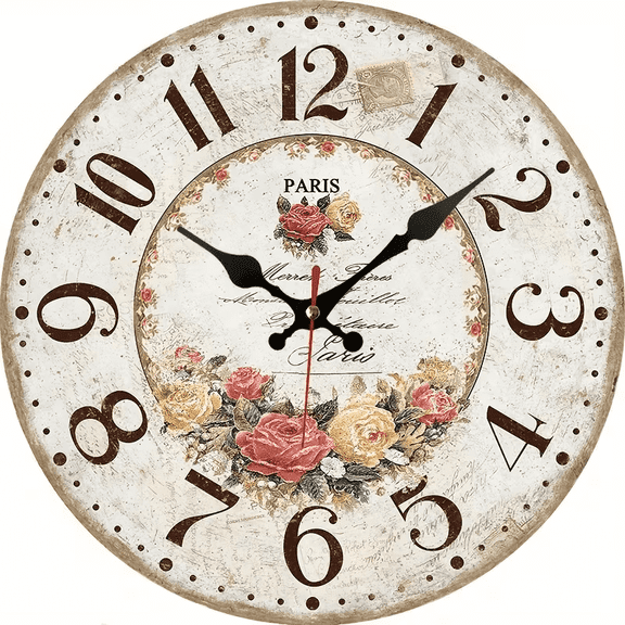 VOCOO 10" Round Flowers Vintage Wall Clock, Silent Non-Ticking Rustic Farmhouse Clock for Kitchen, Home, Office and Bedroom
