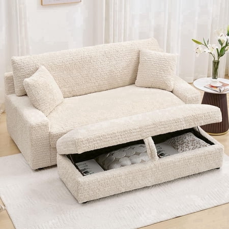 Boucle Oversized and Convertible Sleeper Loveseat with Storage Ottoman and Pillows, Beige