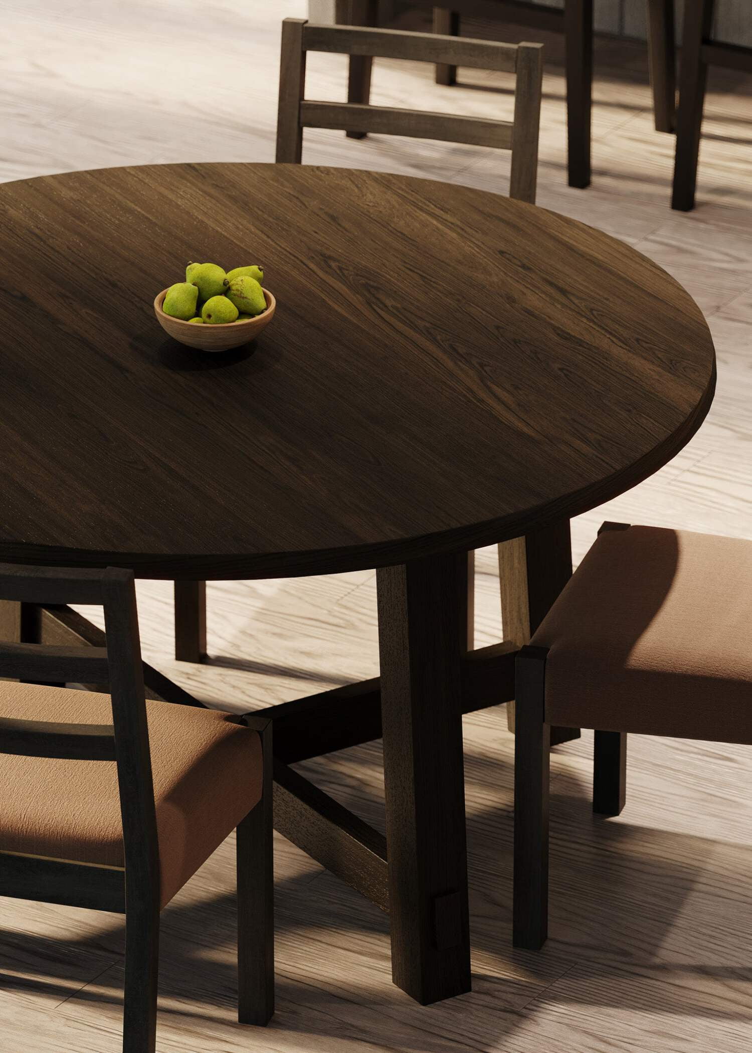 Maven Lane Sasha Large Circular Wood Round Dining Table for Modern Kitchen, Bistro, or Meeting Room in Rustic Weathered Grey Finish