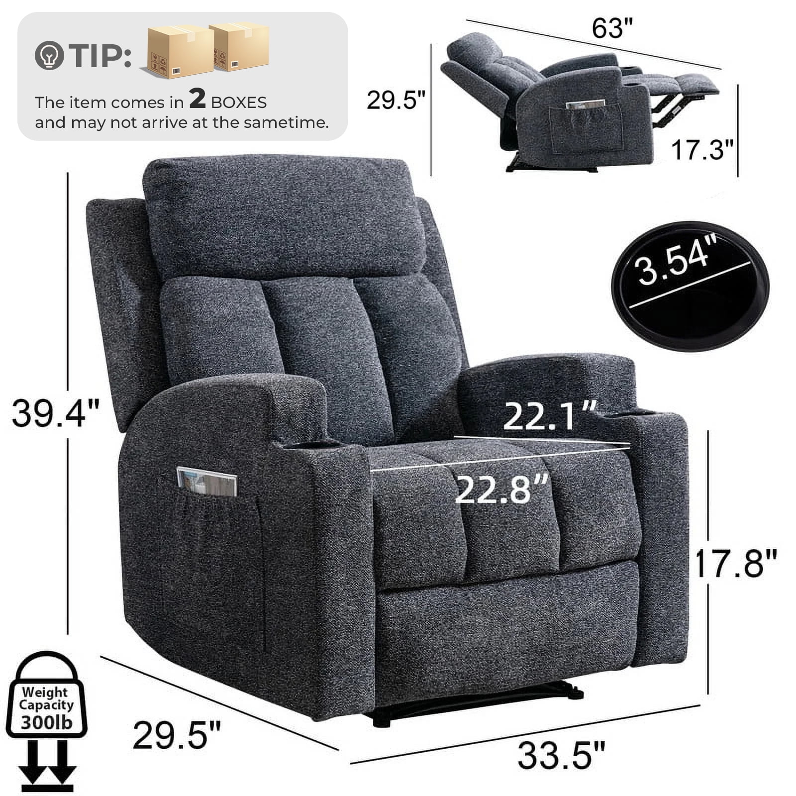 Ebello Manual Heated Massage Recliner, Soft Fabric Modern Overstuffed Recliner with Cup Holders for Living Room & Home Theater, Navy