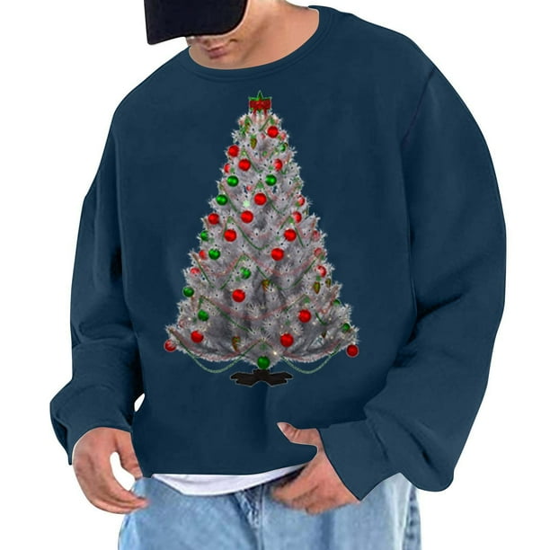 Sudadera sin capucha para hombre, cuello redondo, deportiva, con estampado de árbol de Navidad, sudadera con capucha, jersey de manga larga, blusa de poliéster para hombre