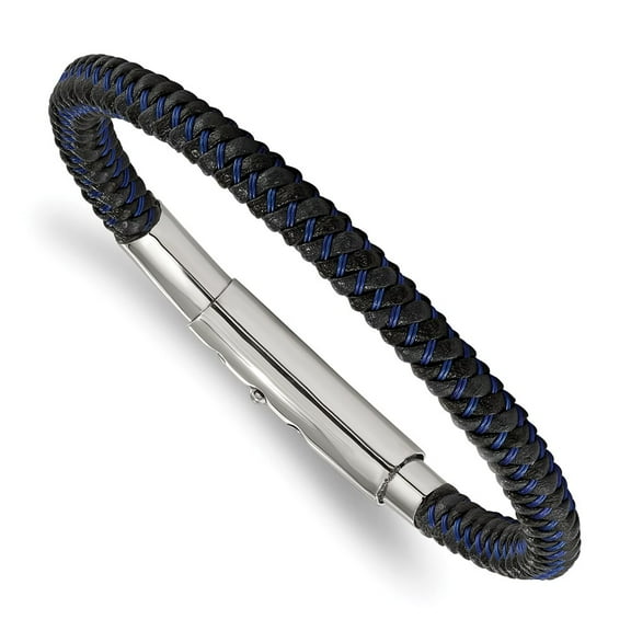 Chisel Stainless Steel Polished Blue Wire and Black Polyurethane Adjustable 7.75 to 8.25 inch Bracelet