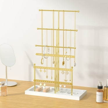 XUEYU Jewelry Organizer Stand, 15.36" Extra Tall Necklace Holder,  Gold, 6-Tier Organizer with 25 Earring Holes & Wood Tray