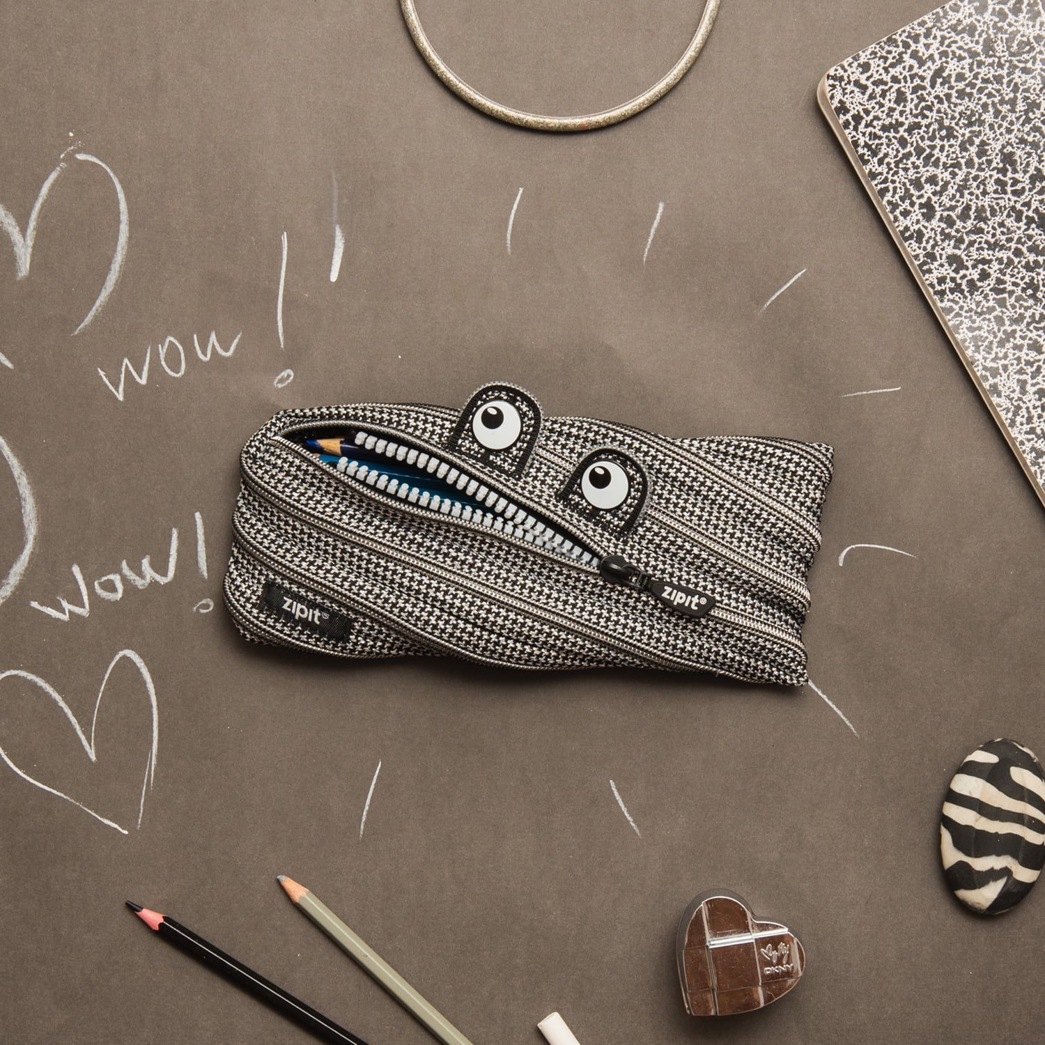 ZIPIT Monster Pencil Case for Kids, Large Capacity Cute Pencil Pouch, Black & Silver