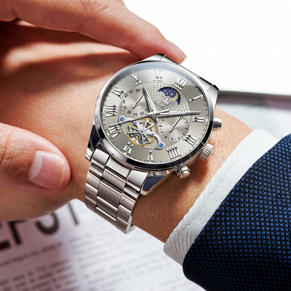 OLEVS Chronograph Watches for Men Waterproof Business Dress Analog Quartz Luxury Moon Phase Stainless Steel Roman Numeral Luminous Casual Mens Wrist Watches Reloj Para Hombre