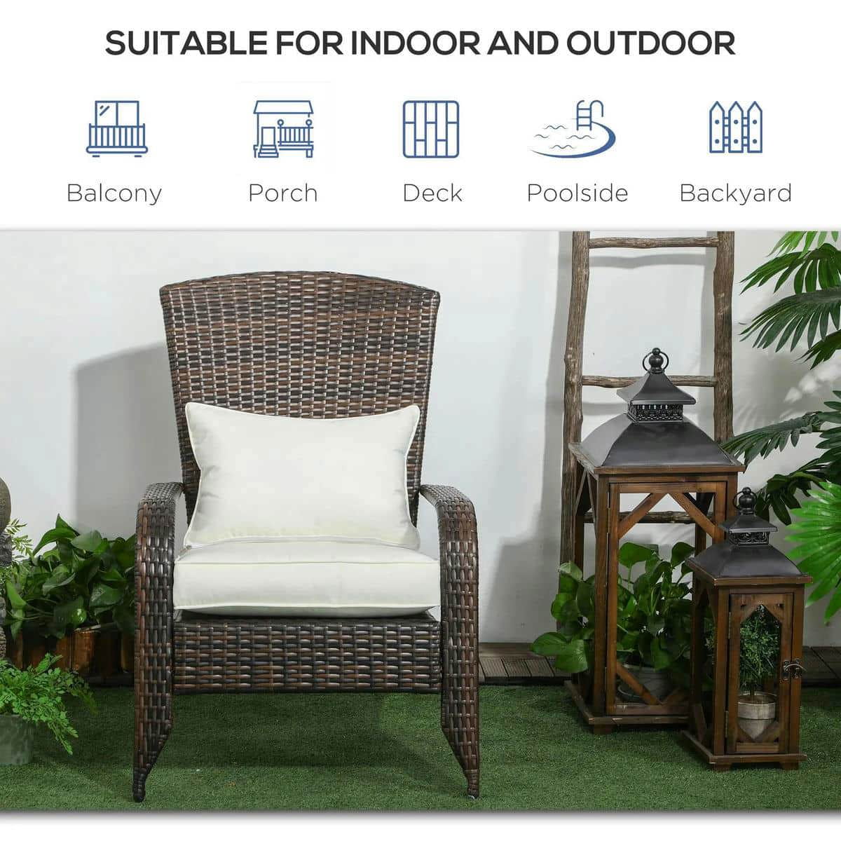 Spaco Patio Wicker Adirondack Chair with Soft Cushions, Outdoor All-Weather Rattan Fire Pit Chair with Tall Curved Backrest and Comfortable Armrests for Outdoor as Backyard, Garden, Cream White