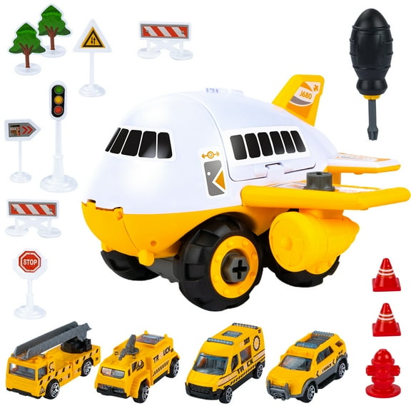 UNIH Transport Cargo Airplane Car Toy Set with Truck, Take Apart Toys, Toddlers Mini Educational Set with Screwdriver, 2 3 4 Years Old Boy& Girls, 4 Construction Truck Cars