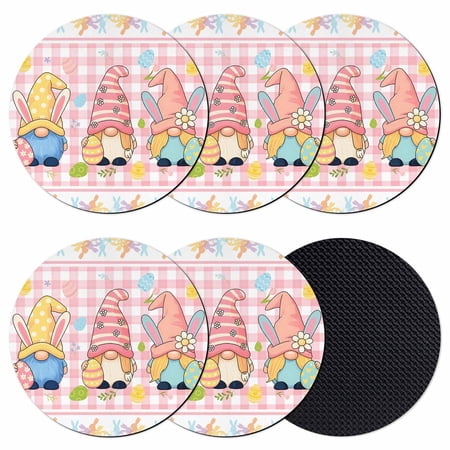 Happy Easter Coasters Set of 6 Absorbent Coasters for Drinks Funny Cute Gnomes Colorful Eggs Plaid Coaster for Desk Coffee Table Protection Home Decor House Warming Gifts 4