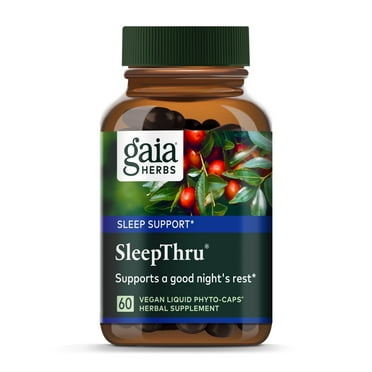 Gaia Herbs, SleepThru, Sleep Support, Non Habit Forming Herbal Sleep Aid, Passionflower, Ashwagandha, Jujube, Organic, Melatonin Free, Vegan Liquid Capsules, 60 Count