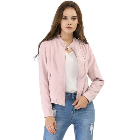 INSPIRE CHIC Women's Lightweight Stand Collar Zip up Biker Moto Jacket S Pink