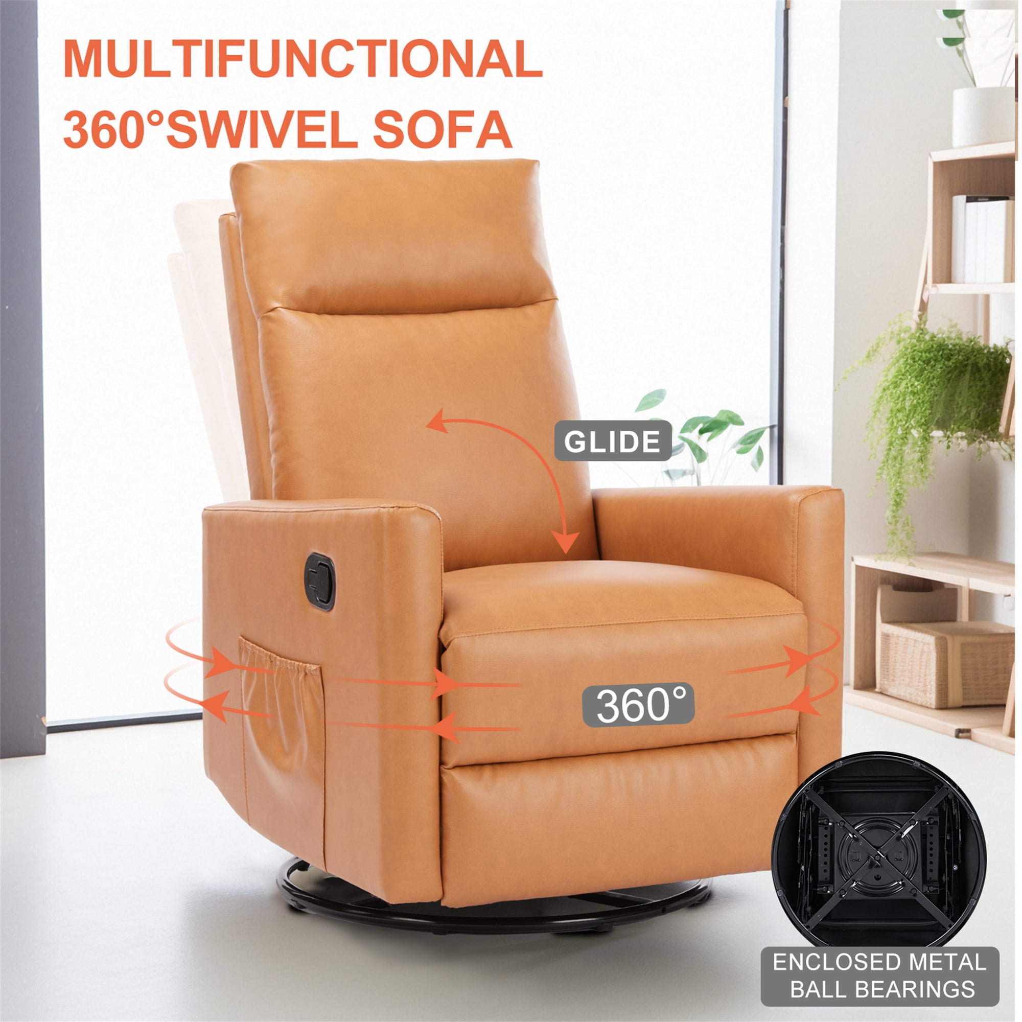 Aukfa 360 Degree Swivel Rocker Recliner Glider Chair for Adults, Living Room, Leather, Brown