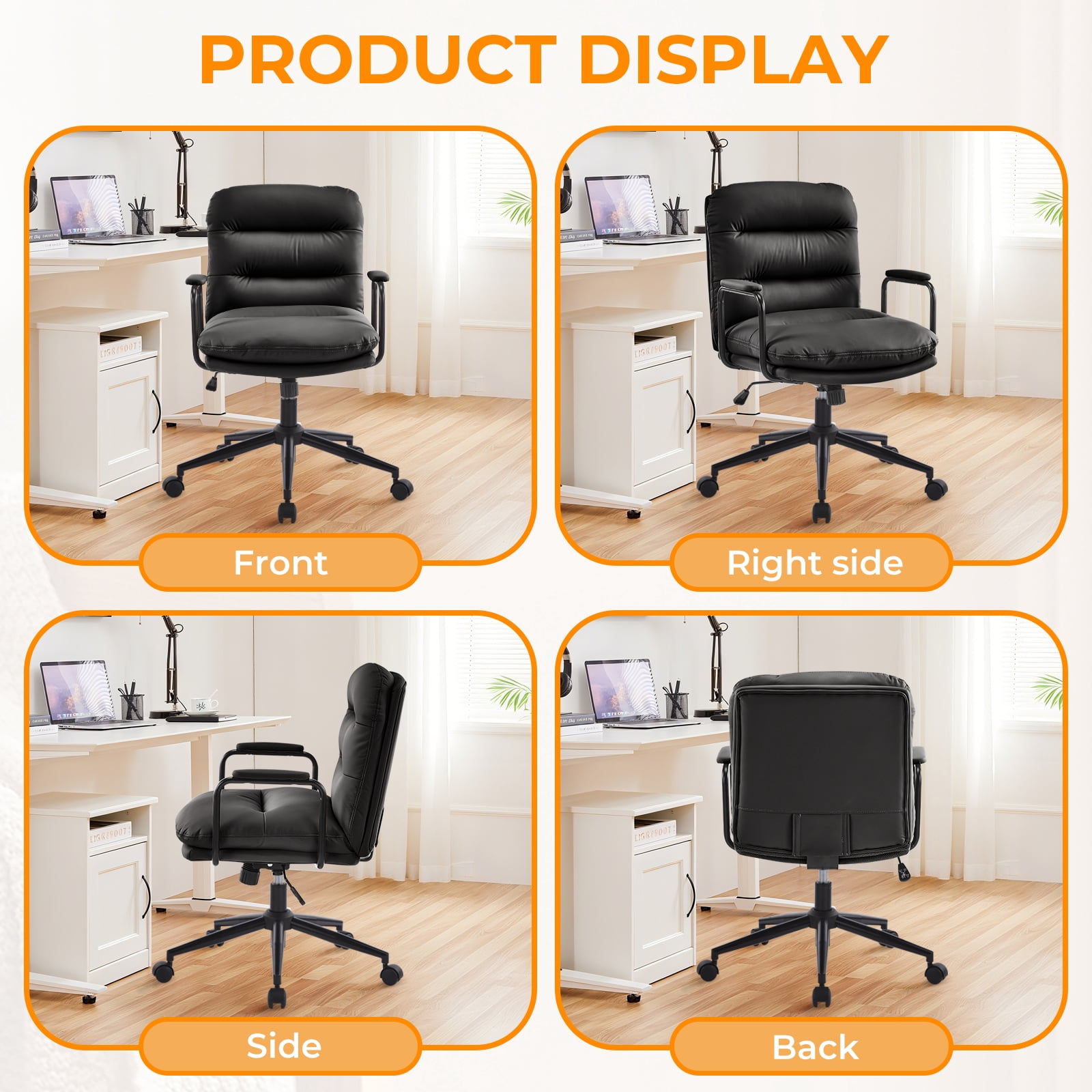 Falvinoryn Modern Office Chair, High Back Ergonomic Task Chair with Padded Armrests and Double Cushion, Swivel Home Office Desk Chair, Faux Leather Executive Armchair for Home, Bedroom (Black)