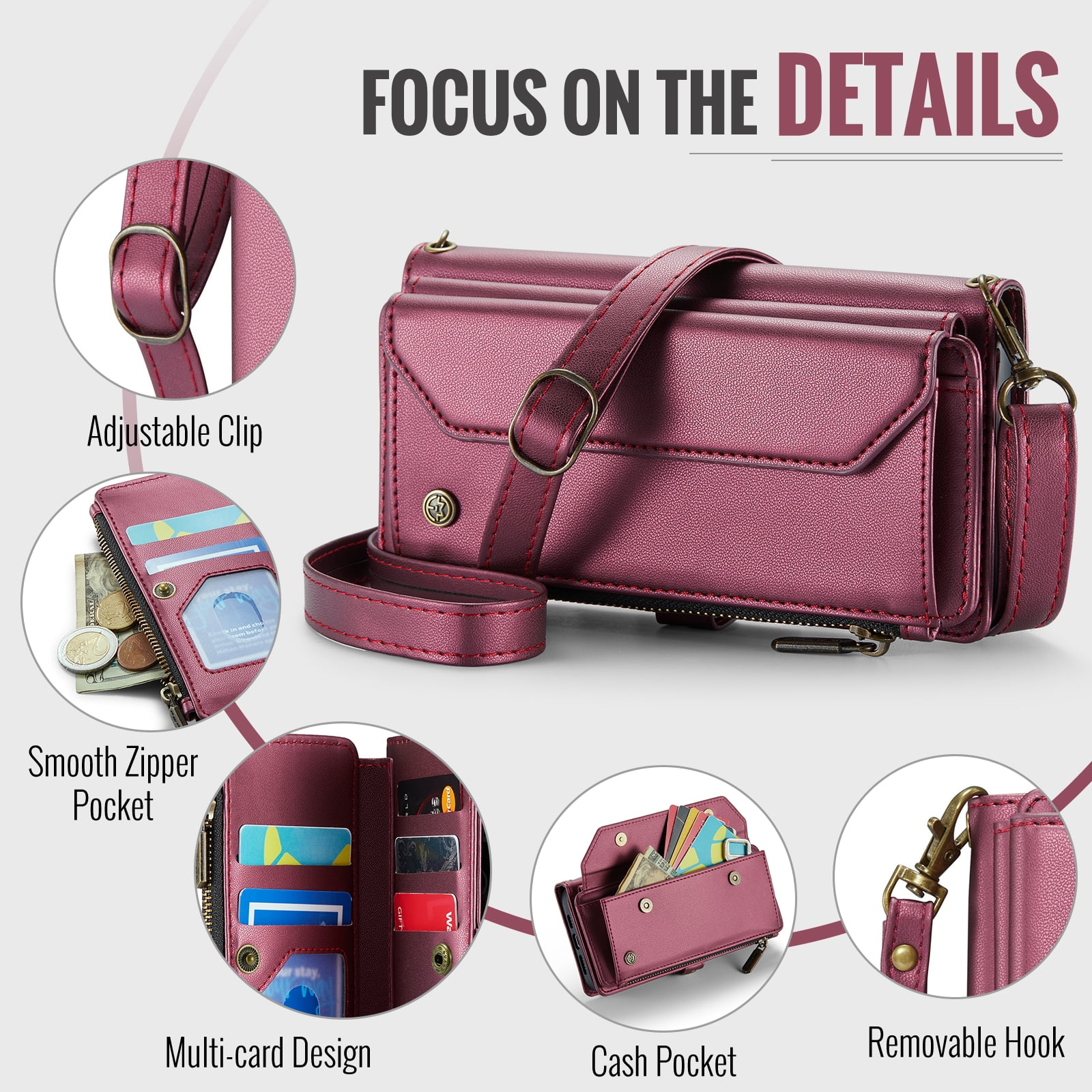 ShellTech Crossbody Wallet Women Men Case for iPhone 7/8/SE 2nd/3rd Gen,Magnetic Leather Flip Case RFID Blocking 7-Card Holder Zipper Wallet Cash Pocket Stand Cover with Shoulder Wrist Strap,Winered