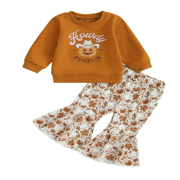 Fashionable Halloween Ensemble for Girls Pumpkin Print Sweatshirt and Flare Pants