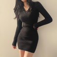 thumbnail image 4 of Mini Vestido ajustado de punto Retro para mujer, cuello en V, manga larga, Vestido envuelto en la cadera, Vestido de suéter Delgado, Color sólido, Otoño e Invierno, 4 of 7