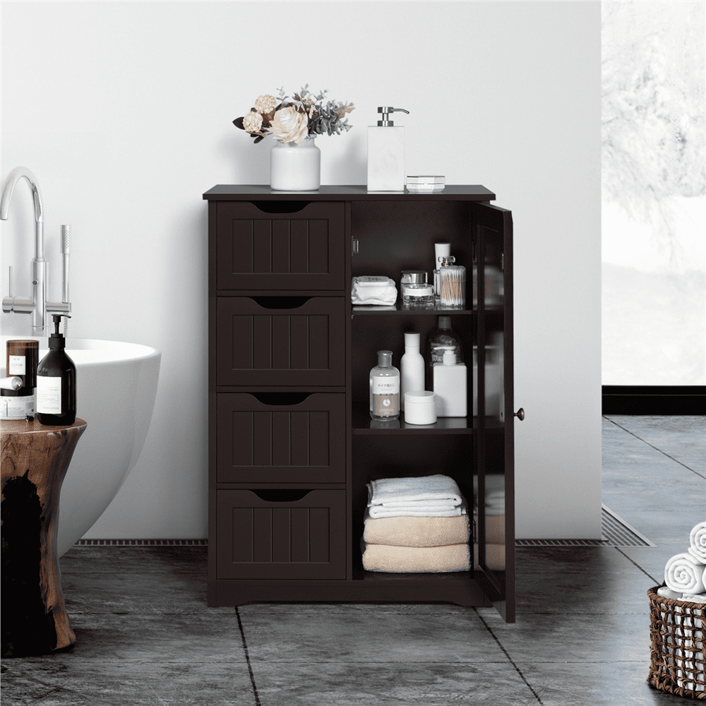 Alden Design Wooden Bathroom Storage Cabinet with 4 Drawers & Cupboard, Espresso