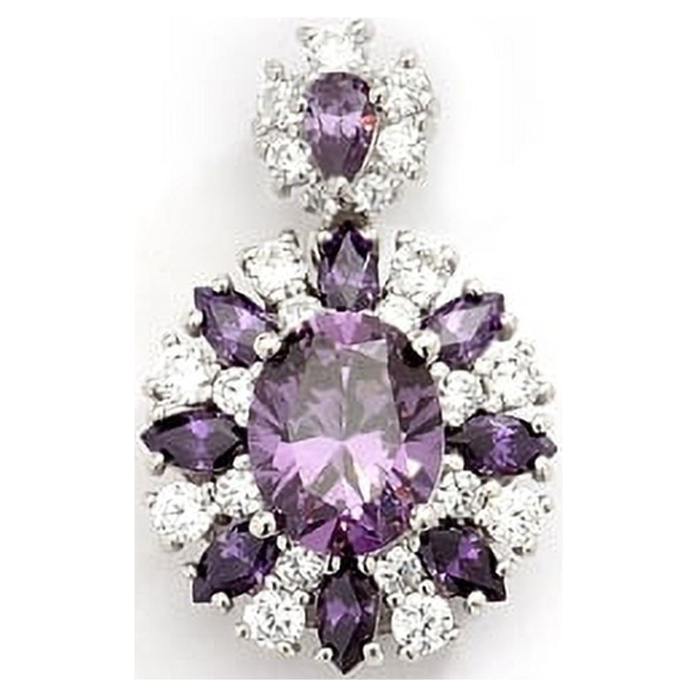 Prong Set Designer Pendant with Simulated Oval and Marquise Cut Amethyst Diamonds and Round Brilliant Melee by Diamond Essence set in 14K Solid White Gold