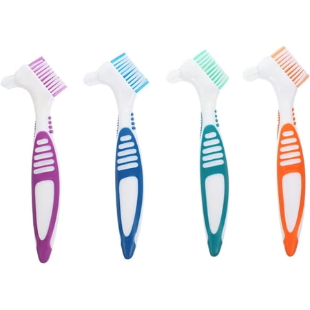 Denture Cleaning Brush,4pcs Denture Brush Toothbrush Double Head Denture Toothbrushes Hygiene Denture Cleaner Portable False Teeth Brush for False Teeth Cleaning